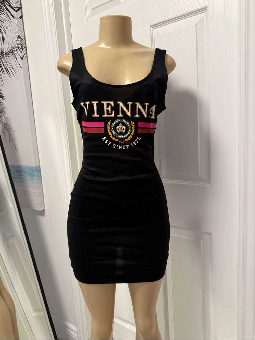 H&M Black Mini Dress with Pink Stripe & Gold Vienna Logo